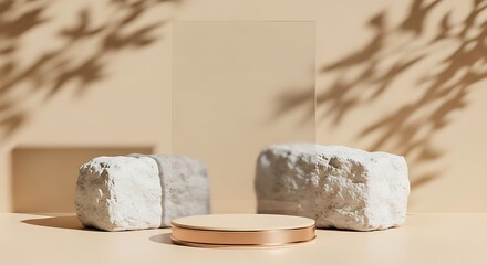 A serene composition featuring natural stone platforms and a transparent panel, bathed in sunlight.