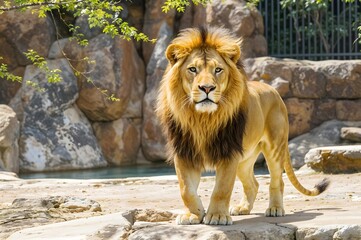 Obraz premium Majestic Lion: A magnificent lion with a striking mane confidently strides forward, its intense gaze captivating viewers against a backdrop of rocky terrain and foliage.