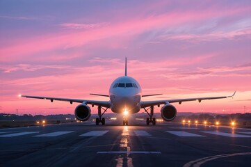 Aviation Ascent: A passenger aircraft takes center stage on the runway, its poised silhouette stark against a painted sky, reflecting the dawn of a promising journey.