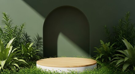 A wooden platform surrounded by green foliage, set against an arched backdrop with sunlight.