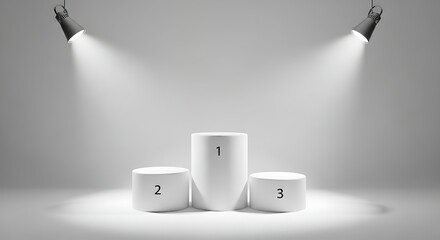 Three white podiums illuminated by spotlights, signifying a competition or award ceremony.