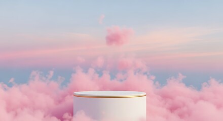 Elegant white pedestal amidst dreamy pink clouds, showcasing a serene, ethereal scene.