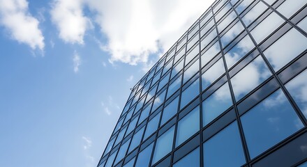 Modern office building facade with reflective glass against a bright, cloudy sky.