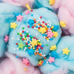 Close-up of colorful cotton candy with sprinkles and star-shaped candies.