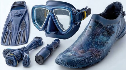 Diving gear includes masks, fins, snorkels, and wetsuits, designed for comfort, durability, and safety during underwater exploration, whether recreational or professional diving.