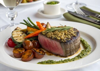 Gourmet Filet Mignon Steak Dinner with Roasted Vegetables and Sauce