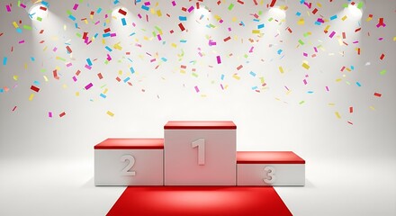 A red and white winner's podium, under spotlights, with confetti falling, in a celebratory scene.