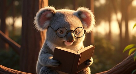 Adorable koala wearing glasses reading a book in a sunlit forest nature scene.