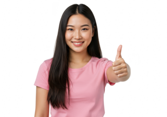 A cheerful young asian woman with long dark hair gives a thumbs up gesture, smiling happily against a transparent background