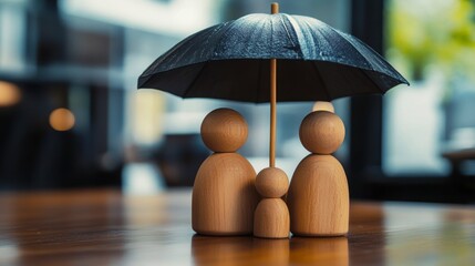 Wooden family figures sheltered under a black umbrella on a wooden table.
