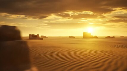 Golden sunset illuminating ancient ruins in a vast desert landscape with dramatic clouds overhead