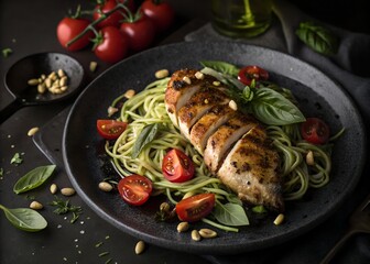 Healthy Grilled Chicken Pesto Pasta with Fresh Tomatoes, Basil, and Pine Nuts