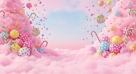 A whimsical landscape of pink cotton candy clouds and scattered candies, lollipops, and candy canes against a pastel sky.