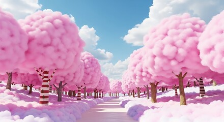 A whimsical landscape featuring rows of pink, fluffy trees under a bright blue sky.