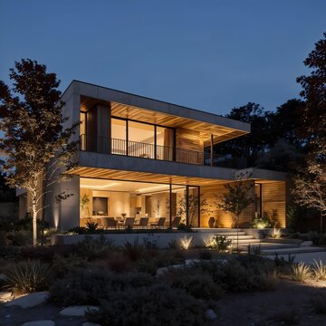 Modern Residence at Dusk: A striking modern home, illuminated against the twilight sky, showcasing contemporary architecture and design, inviting a sense of peace and luxury.