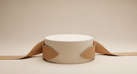 A minimalist design featuring a cylindrical platform with attached tan ribbon.