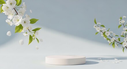 A round platform sits beneath blossoming white flowers with green leaves against a soft blue background.