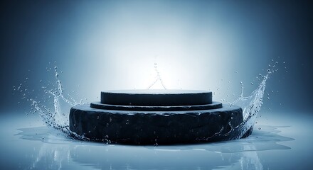 Dark stone podium with water splashes, studio shot, product display.