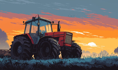 Fototapeta premium A red tractor is parked on the field, with dark and golden clouds in the sky at sunset,