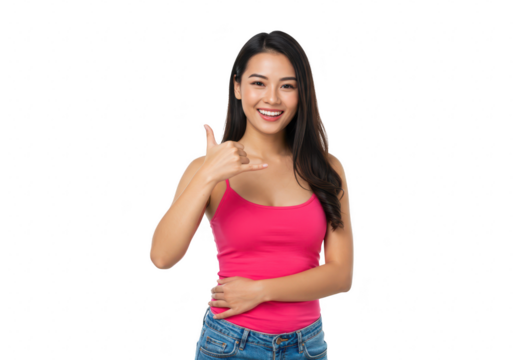 A cheerful young asian woman smiles brightly and makes the call me hand gesture, isolated on a transparent background - Powered by Adobe
