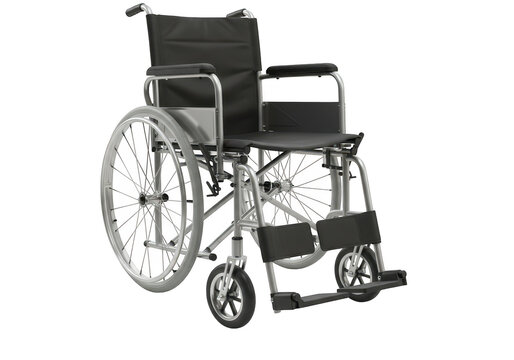 A standard manual wheelchair with large rear wheels and smaller front wheels, designed for mobility assistance, isolated on a transparent background