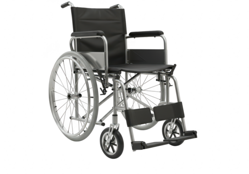 A standard manual wheelchair with large rear wheels and smaller front wheels, designed for mobility assistance, isolated on a transparent background