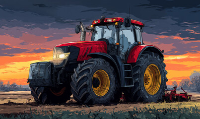 Obraz premium A red tractor is parked on the field, with dark and golden clouds in the sky at sunset,