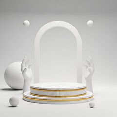 White marble podium with gold accents, flanked by hands and spheres, set against a white arch background.