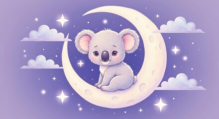 Adorable cartoon koala sitting on crescent moon with dreamy clouds and glowing stars night sky.