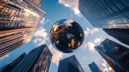 Looking Up at City Skyscrapers with Reflective Sphere Art Installation