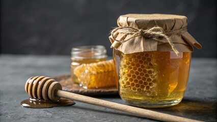 Rustic Honeycomb and Honey Jar with Wooden Dipper:  Dark Moody Food Photography