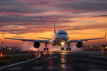 Airborne Ascent: An airliner touches down, captured in the twilight hours, the sky awash with hues of twilight, and city lights.