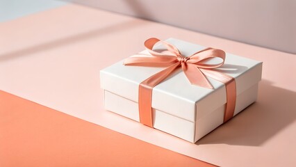 Elegant white gift box with peach ribbon, minimalist pastel background, soft light, luxury branding.