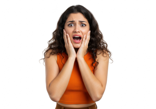 A young woman with curly dark hair expresses extreme fear and shock, holding her hands to her face isolated on transparent background