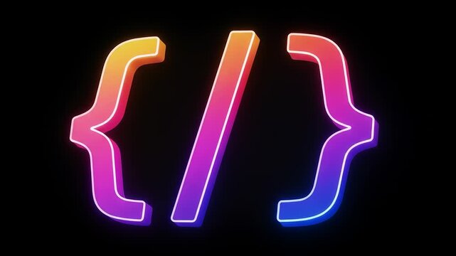 Colorful neon brackets symbolizing coding and programming against a dark background