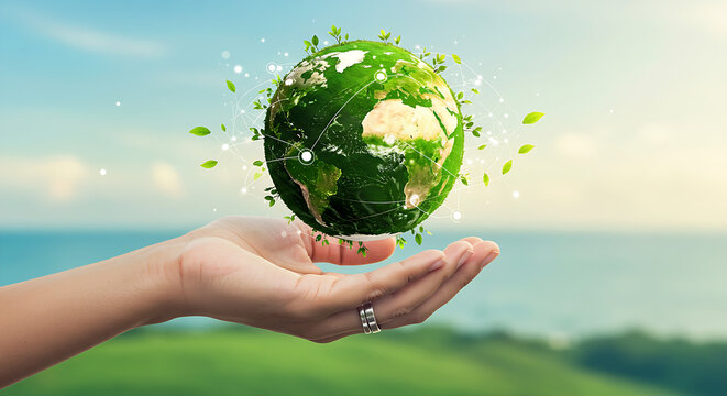 Hand holds a green globe with leaves and network connections. Earth planet eco concept of ecology, environment, nature, conservation, technology. Sustainable development, global warming, save world.