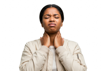 A young woman with closed eyes and a grimace holds her neck, appearing to have a sore throat, isolated on a transparent background