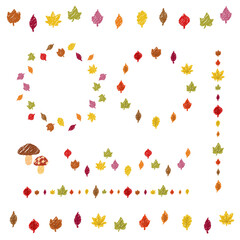 紅葉のフレーム　秋の葉のリース　ラインデコレーションのセット　ベクターイラスト　手描き風