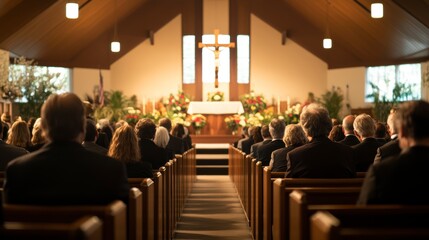 Mourners seated in church sanctuary during funeral service.