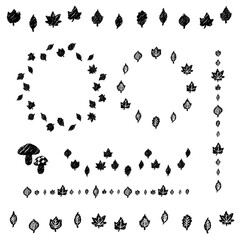 紅葉のフレーム　秋の葉のリース　ラインデコレーションのセット　ベクターイラスト　手描き風