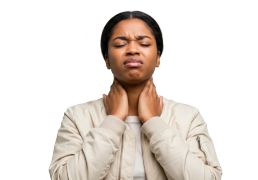 A young woman with closed eyes and a grimace holds her neck, appearing to have a sore throat, isolated on a transparent background - Powered by Adobe
