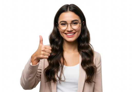 A happy businesswoman with glasses gives a thumbs up, isolated on a transparent background