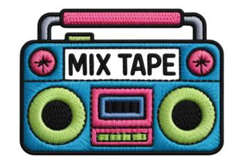 Embroidered boombox with mix tape cassette player music