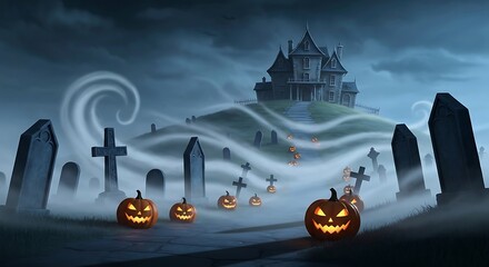 Spooky Haunted House on Hill with Glowing Jack O Lanterns and Mysterious Graveyard Mist.
