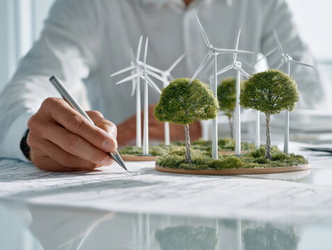 Personne travaillant sur un projet durable, &eacute;cologique avec des &eacute;oliennes de la verdure et de la v&eacute;g&eacute;tation sur son bureau