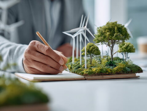 Personne travaillant sur un projet durable, &eacute;cologique avec des &eacute;oliennes de la verdure et de la v&eacute;g&eacute;tation sur son bureau