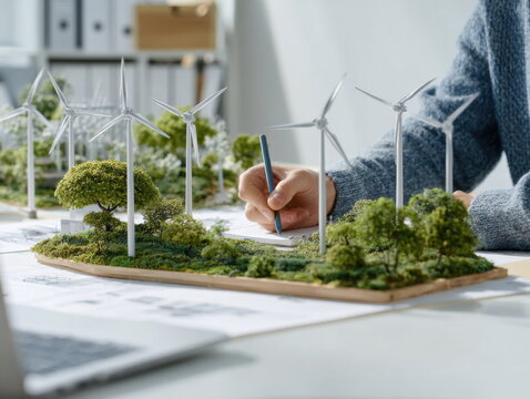 Personne travaillant sur un projet durable, &eacute;cologique avec des &eacute;oliennes de la verdure et de la v&eacute;g&eacute;tation sur son bureau