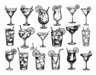 Hand-drawn collection of cocktails and drinks in various glass styles. Vintage ink sketch vector illustrations of classic alcoholic beverages.