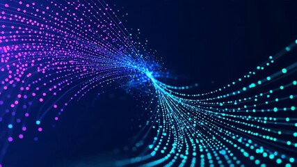 Swirling pattern of purple and blue dots in abstract digital space showing data points in a complex tech mesh forming a global network shape - Powered by Adobe