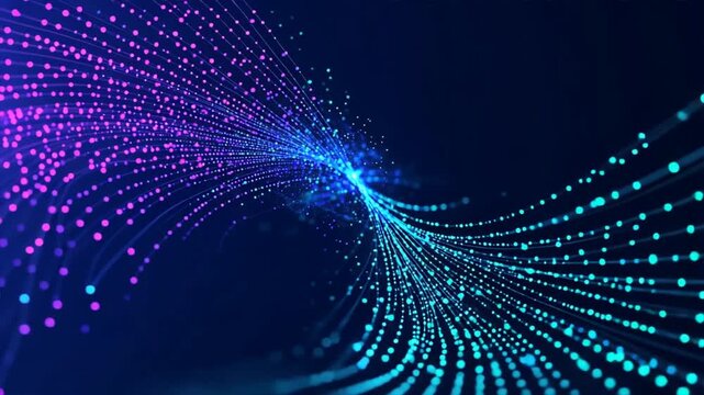 Swirling pattern of purple and blue dots in abstract digital space showing data points in a complex tech mesh forming a global network shape - Powered by Adobe